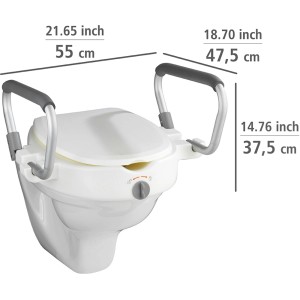Wenko WC-Sitzerhöhung Secura, weiße Toilettensitzerhöhung mit Stützgriffen und Maßangaben.