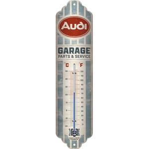 Nostalgic-Art Thermometer Audi Garage im Retro-Design, 28 cm hoch, mit Celsius- und Fahrenheit-Skala.