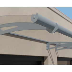 Detailaufnahme: Hellgraues Palram Canopia Vordach Aquila, 92x151 cm, mit Stahlträgern.