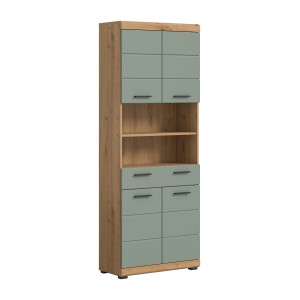 Hochschrank in Salbei und Eiche Optik, 74x191x31 cm, für Bad oder Hauswirtschaftsraum.