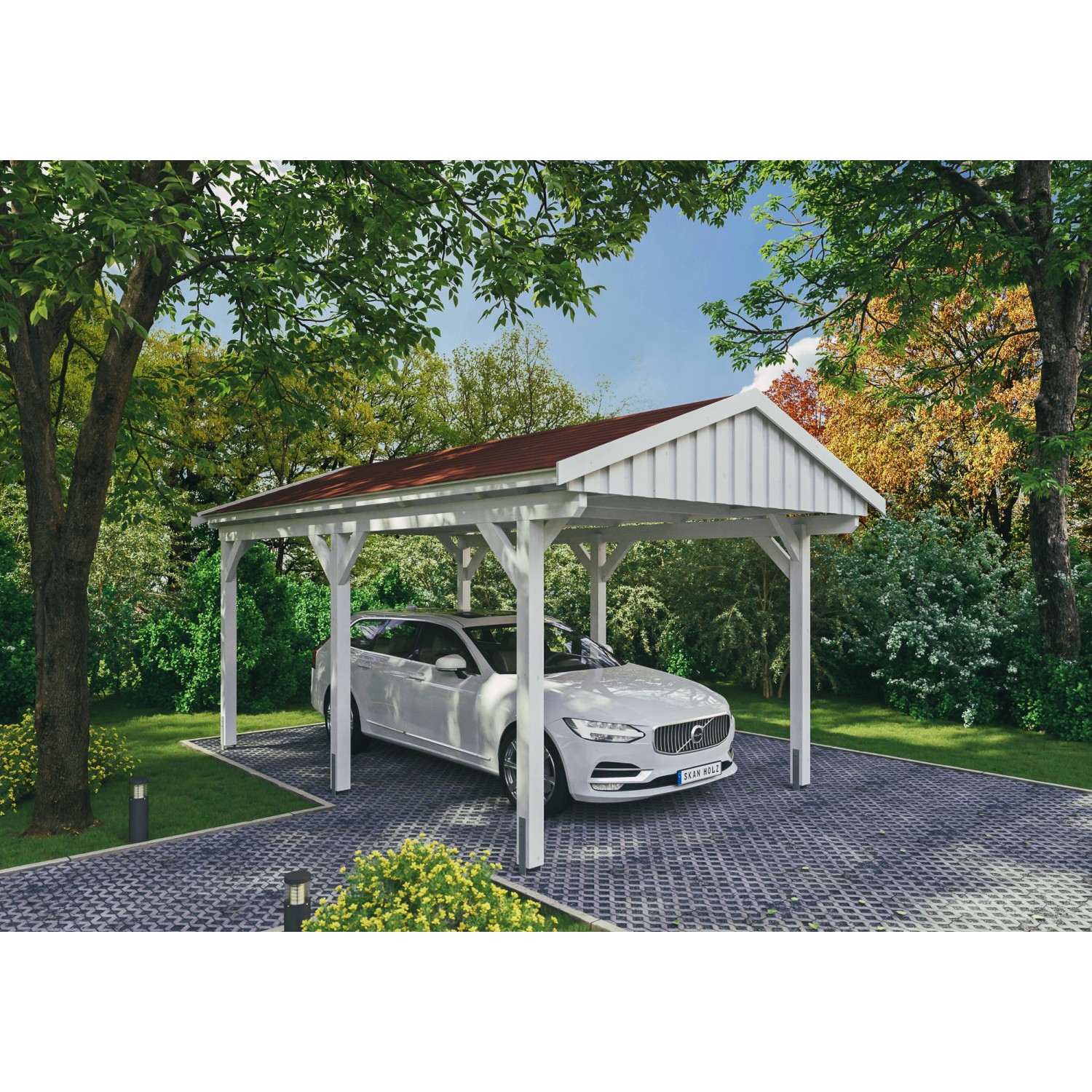 Skan Holz Carport Fichtelberg 317 cm x 566 cm Rote Schindeln Weiß