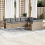 Beige 9-teilige Garten-Sofagarnitur aus Poly Rattan mit hellgrauen Kissen.