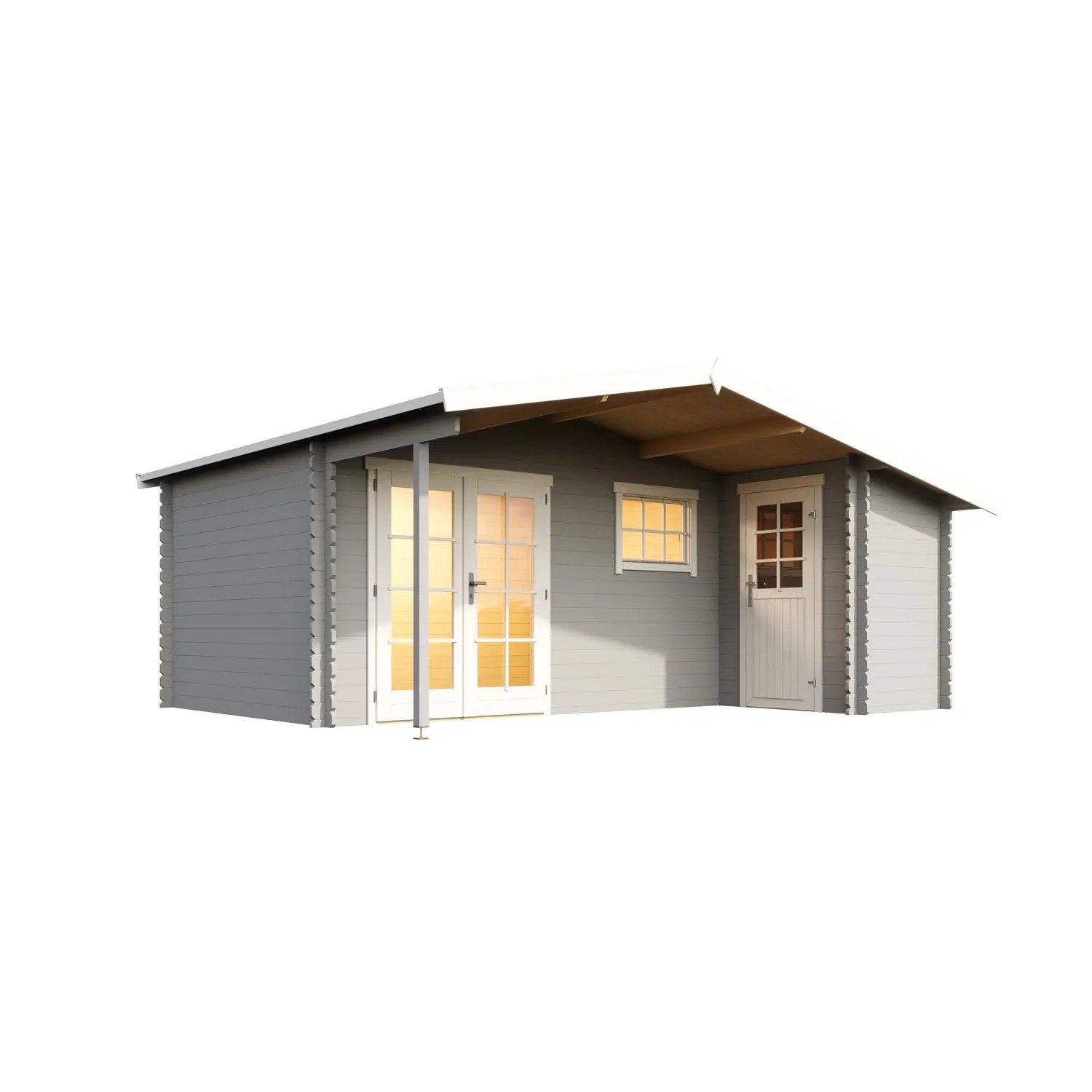 Lichtgraues Lasita Maja Gartenhaus Little Rock mit überdachter Fläche und Fenstern.