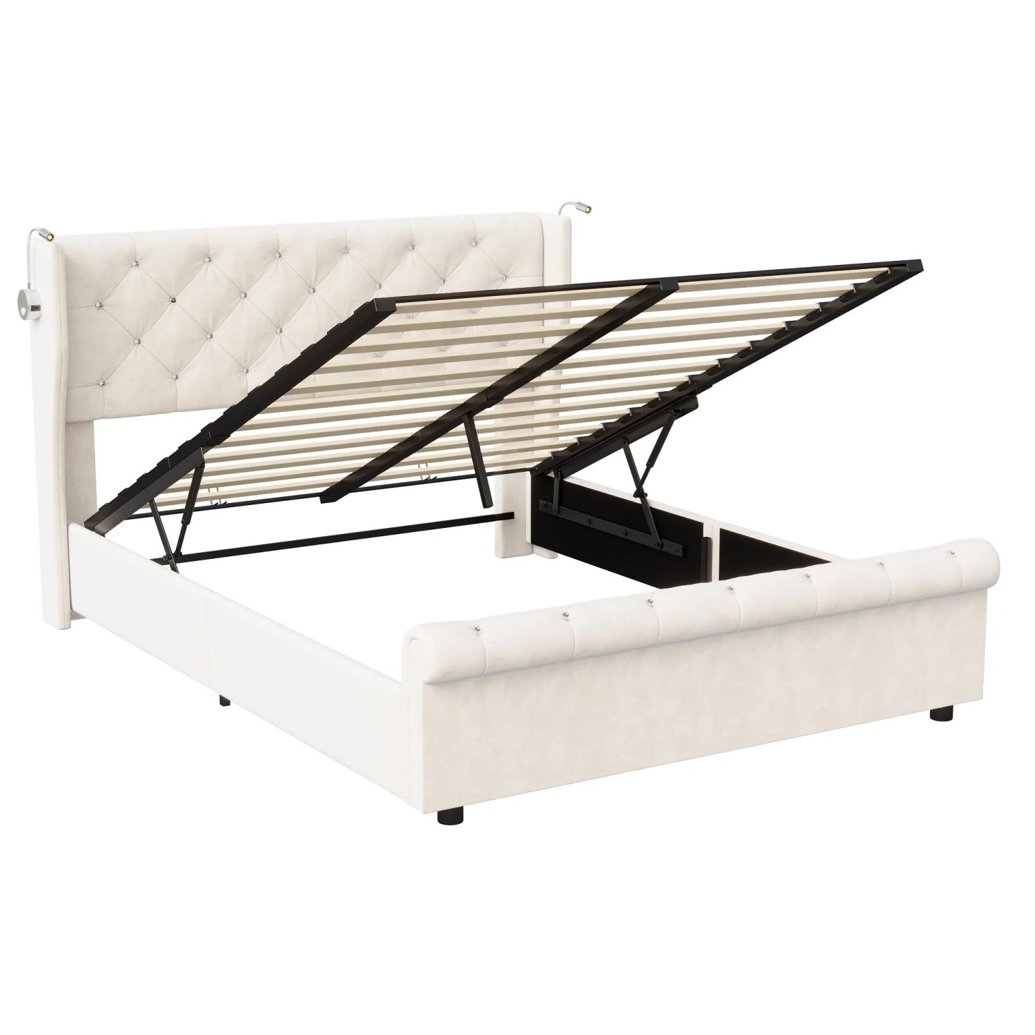 PXloue Doppelbett Polsterbett in Beige 160x200cm mit Ladefunktion und Stauraum Samt