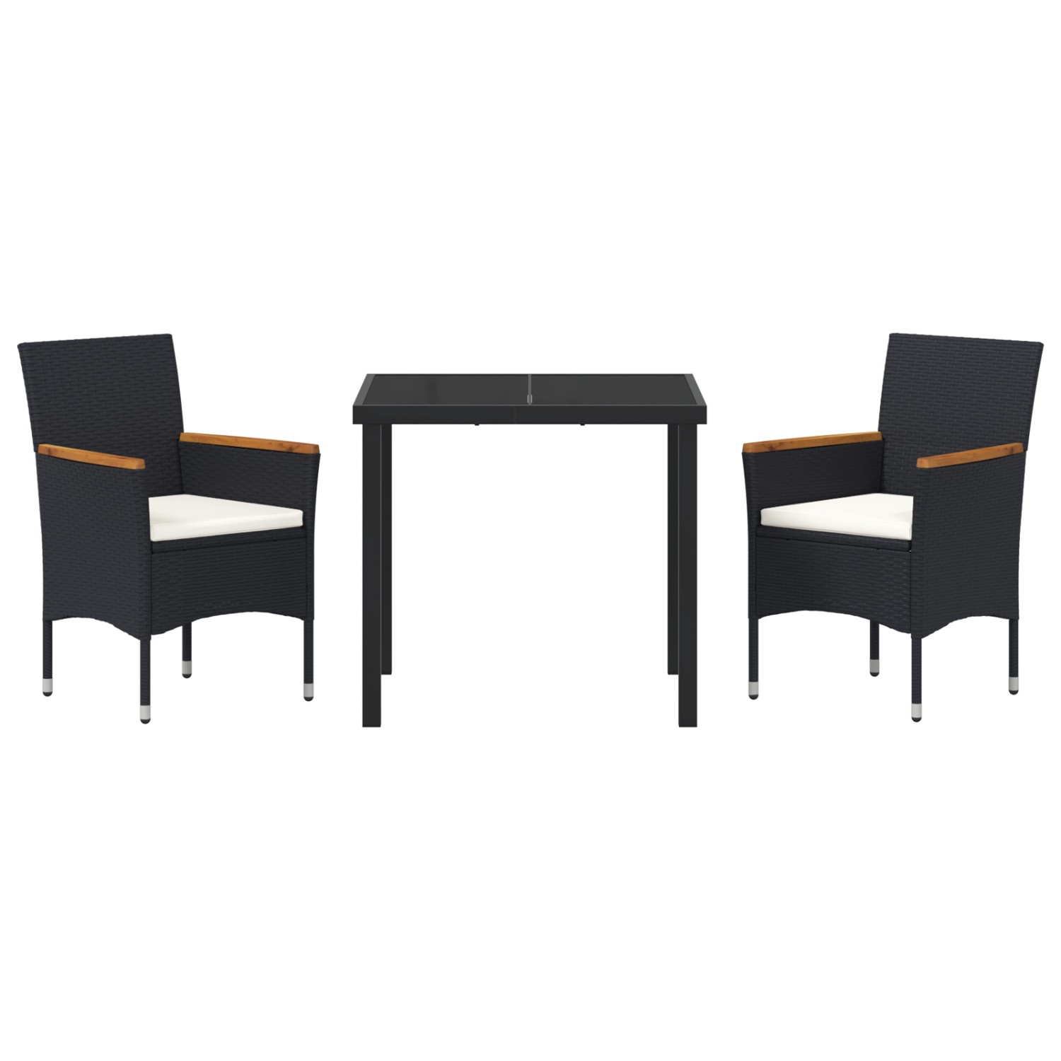 Schwarze 3-tlg. Garten Essgruppe aus Poly Rattan mit Tisch und Stühlen inkl. Kissen.