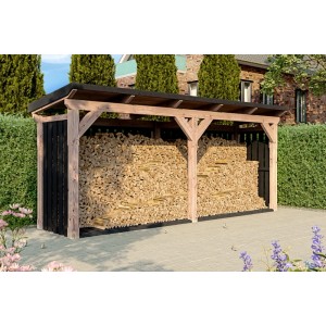 Skan Holz Holzunterstand Holm 2 aus Douglasie und Fichte Anthrazit, gefüllt mit Brennholz im Garten.