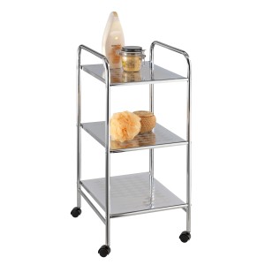 Chromfarbener Badwagen Sando mit 3 Etagen und Rollen für Badutensilien.