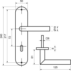 Technische Zeichnung: Alpertec Türbeschlag Conte-LS Renovierungsgarnitur, Edelstahl satiniert, Maße