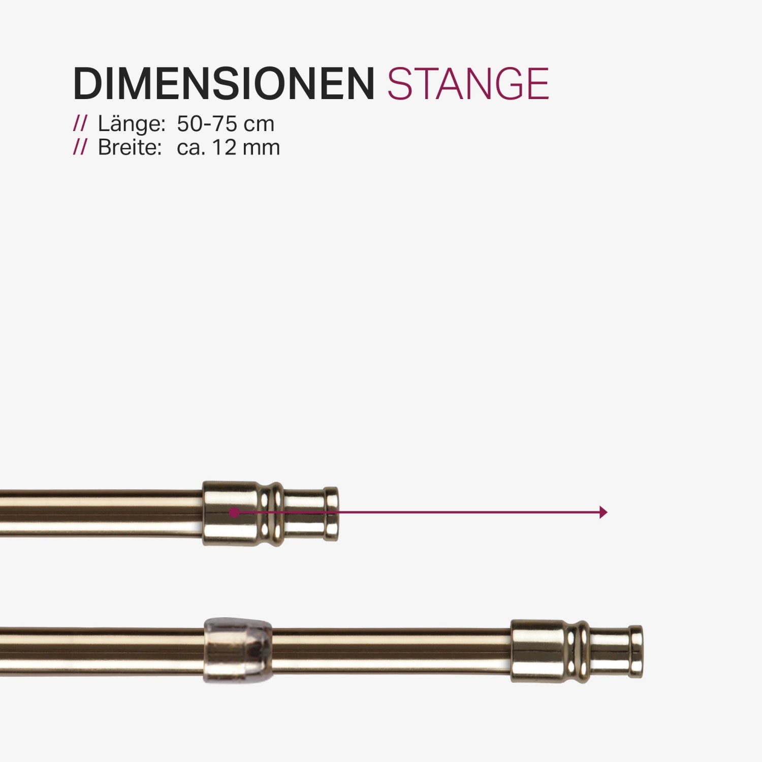 Bestlivings Cafehausstange Messing Gold, ausziehbar von 50 bis 75 cm, Detailansicht.
