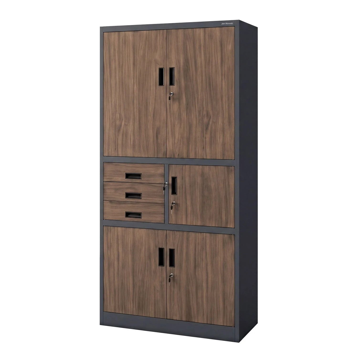 JAN NOWAK Aktenschrank mit Schubladen und Tresor FILIP II Anthrazit Nussbaum 90 x 185 x 40 cm