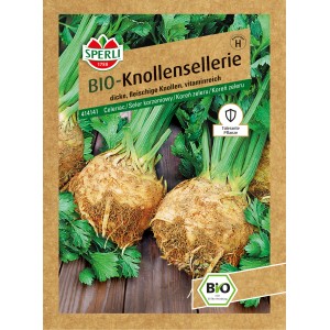 Sperli Bio Knollensellerie Samenpackung mit Sellerieknollen und grünen Blättern.