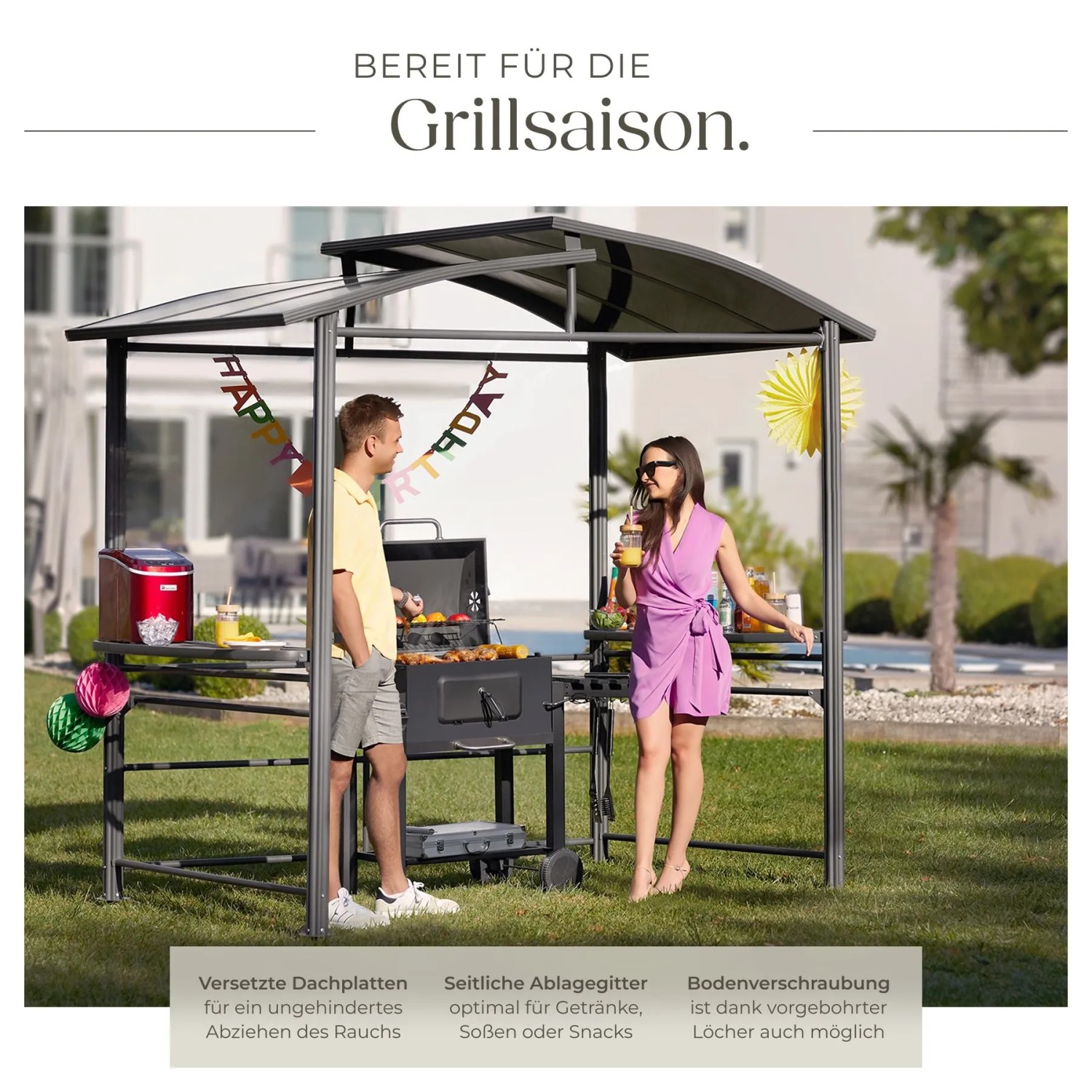 Tectake Grillpavillon Asado Gute Luftzirkulation Wetterfest  240 x 150 x 234 cm Grau_3