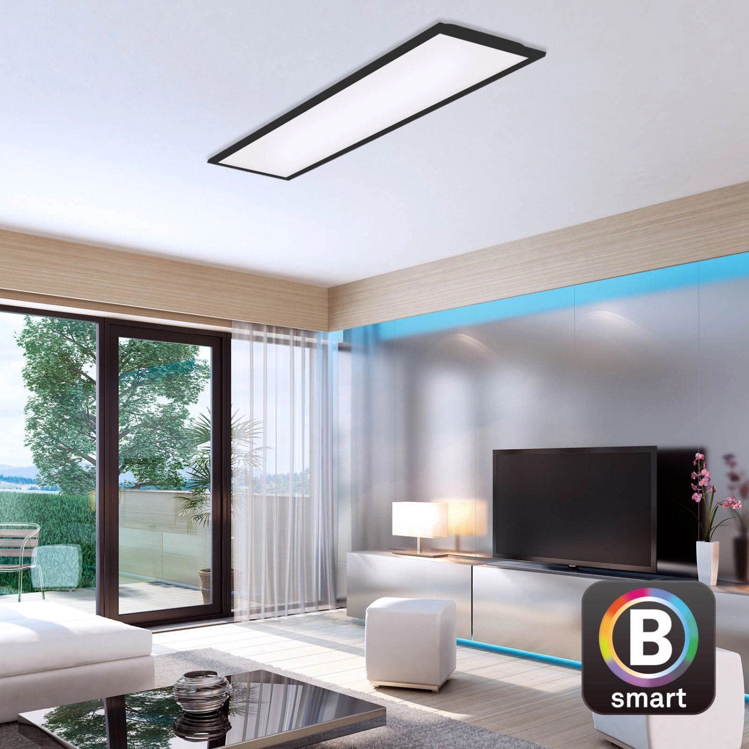 Dimmbare LED-Deckenleuchte Piatto S B-Smart Panel in Schwarz, 28W im Wohnraum.