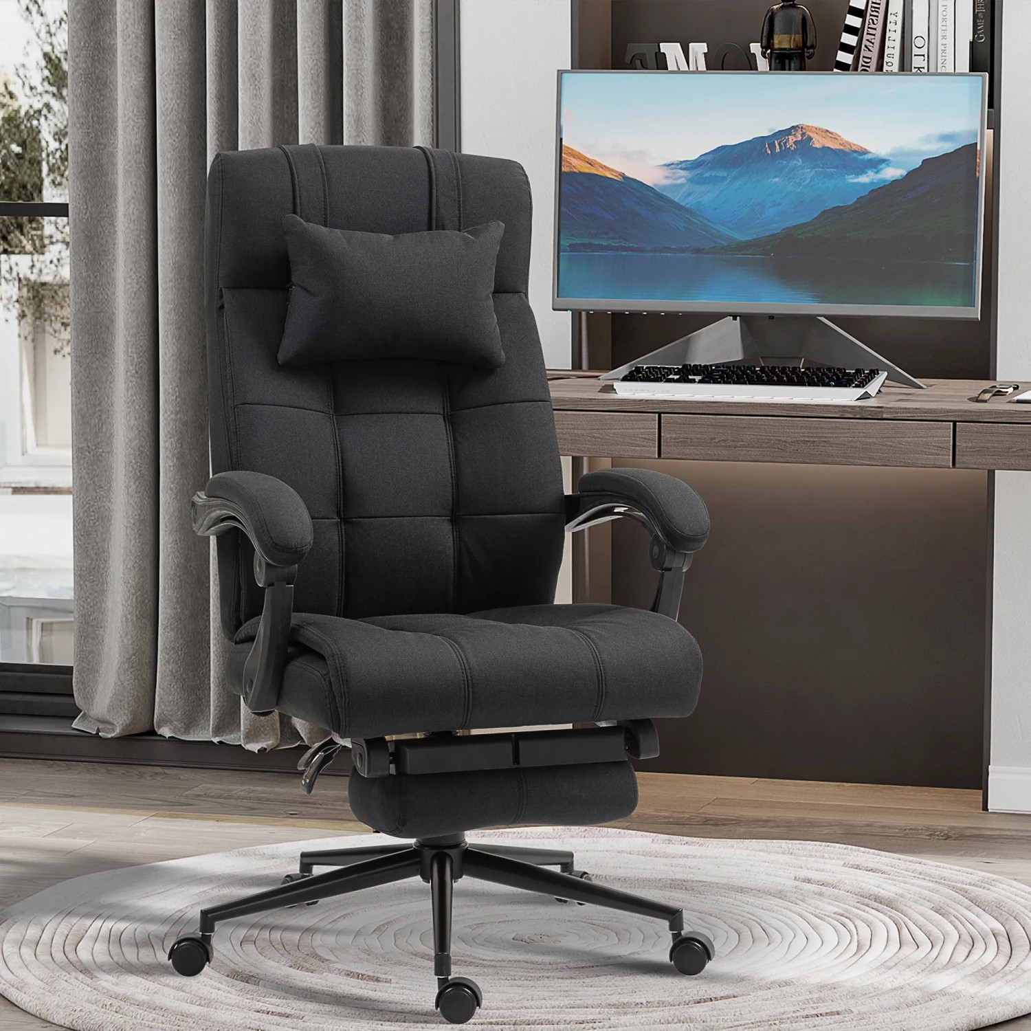 Schwarzer Vinsetto Bürostuhl mit Fußstütze und ergonomischem Design in Leinenoptik.