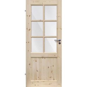 Radex Landhaus Zimmertür Kiefer, links, mit klarem Glas. Holz-Innentür im Landhausstil.