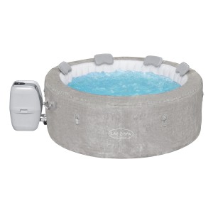 Bestway Lay-Z-Spa ECO Miami Beach AirJet, aufblasbarer grauer Whirlpool mit Pumpe und blauem Wasser.