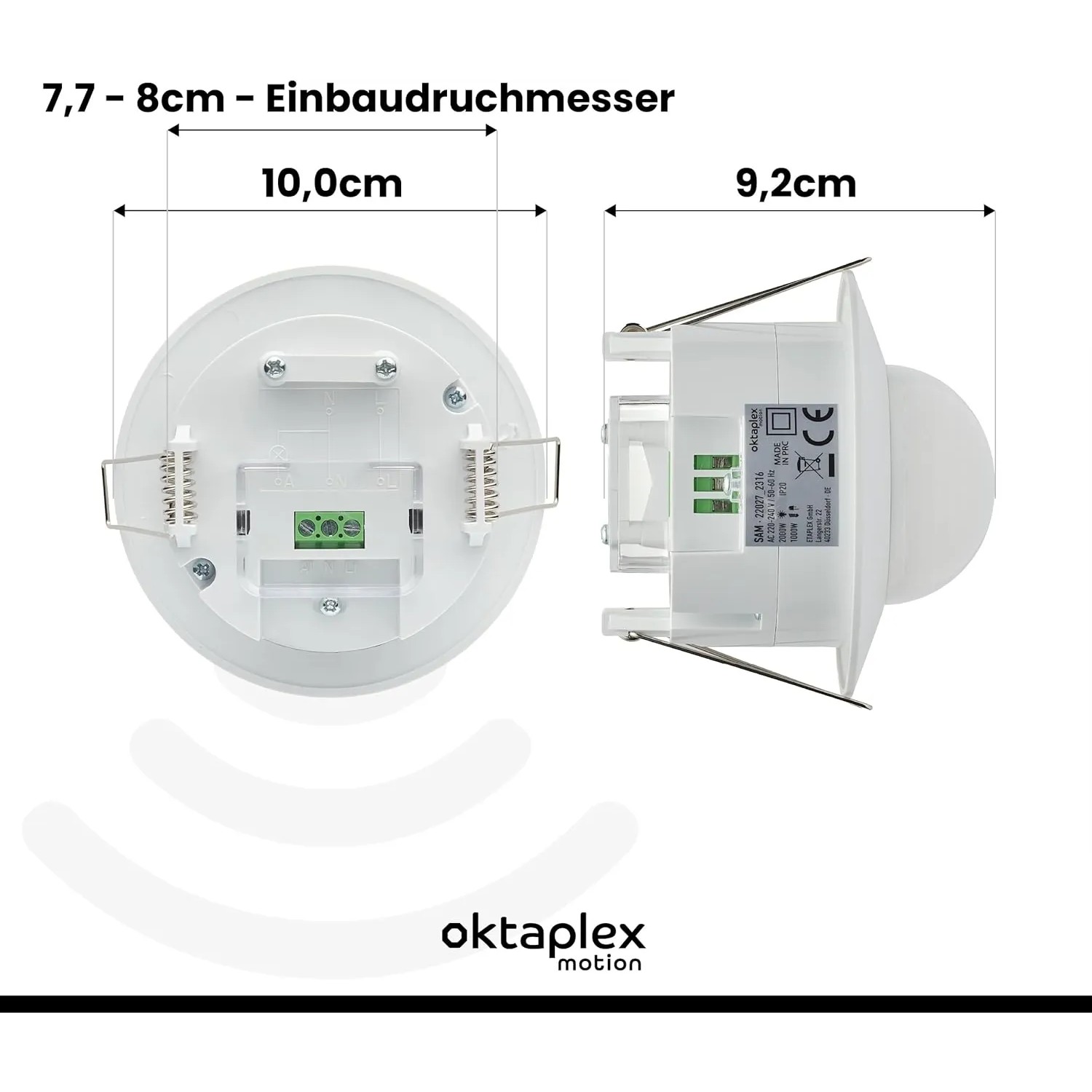 Oktaplex Sam 360° Infrarot Präsenzmelder 2er Set, Unterputz Bewegungsmelder in Weiß, Detailansicht.