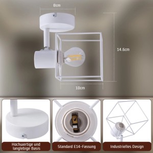 Weißer NETTLIFE Deckenstrahler aus Metall mit E14-Fassung und abnehmbarem, kubischem Mesh-Schirm im Industrial-Stil.