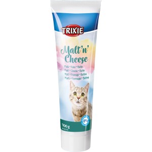 Trixie Katzensnack Malt'n'Cheese Anti-Hairball, 100g Tube mit Katzenabbildung.