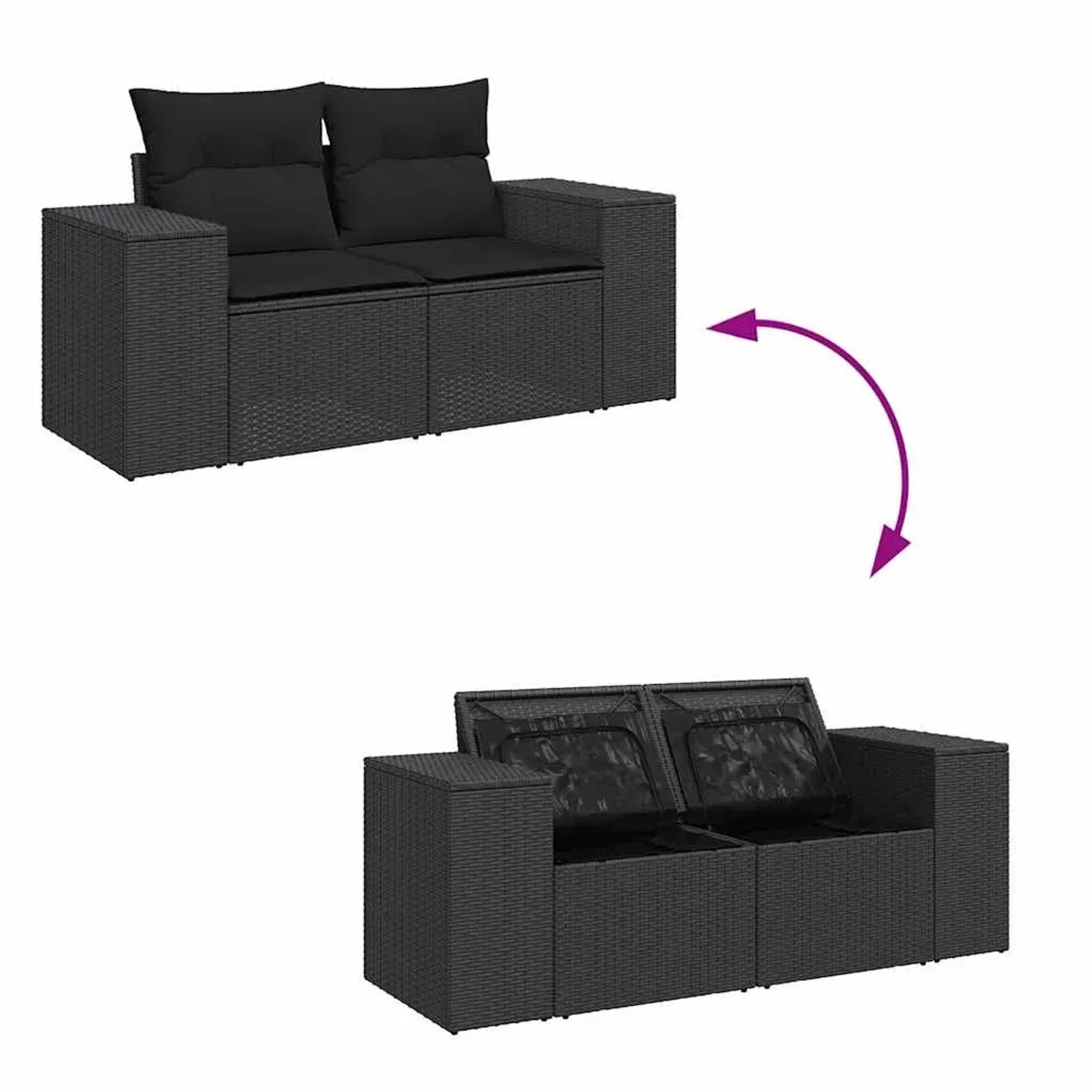 Schwarze 7-tlg. vidaXL Garten-Sofagarnitur aus Poly Rattan mit Kissen und Stauraum.