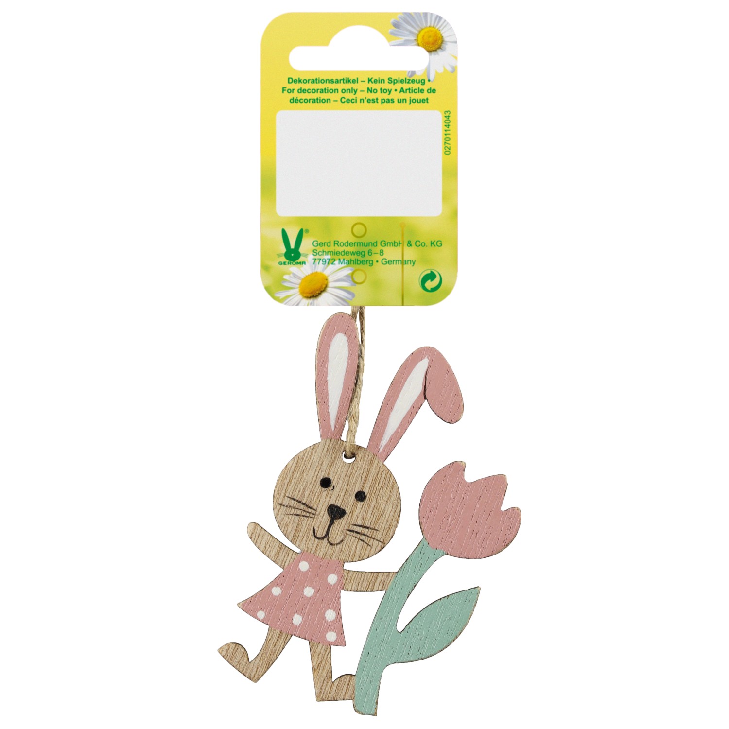 Holzanhänger Hase mit Tulpe Rosa 8 cm