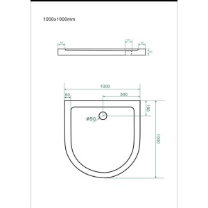 Technische Zeichnung: Halbrunde Duschtasse 100x100 cm mit Ablauf, Maße und Details für den Einbau.