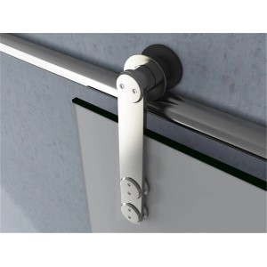 Detailaufnahme: Glaszentrum Hagen Glasschiebetür mit Edelstahlschiene und satinierter Glastür.