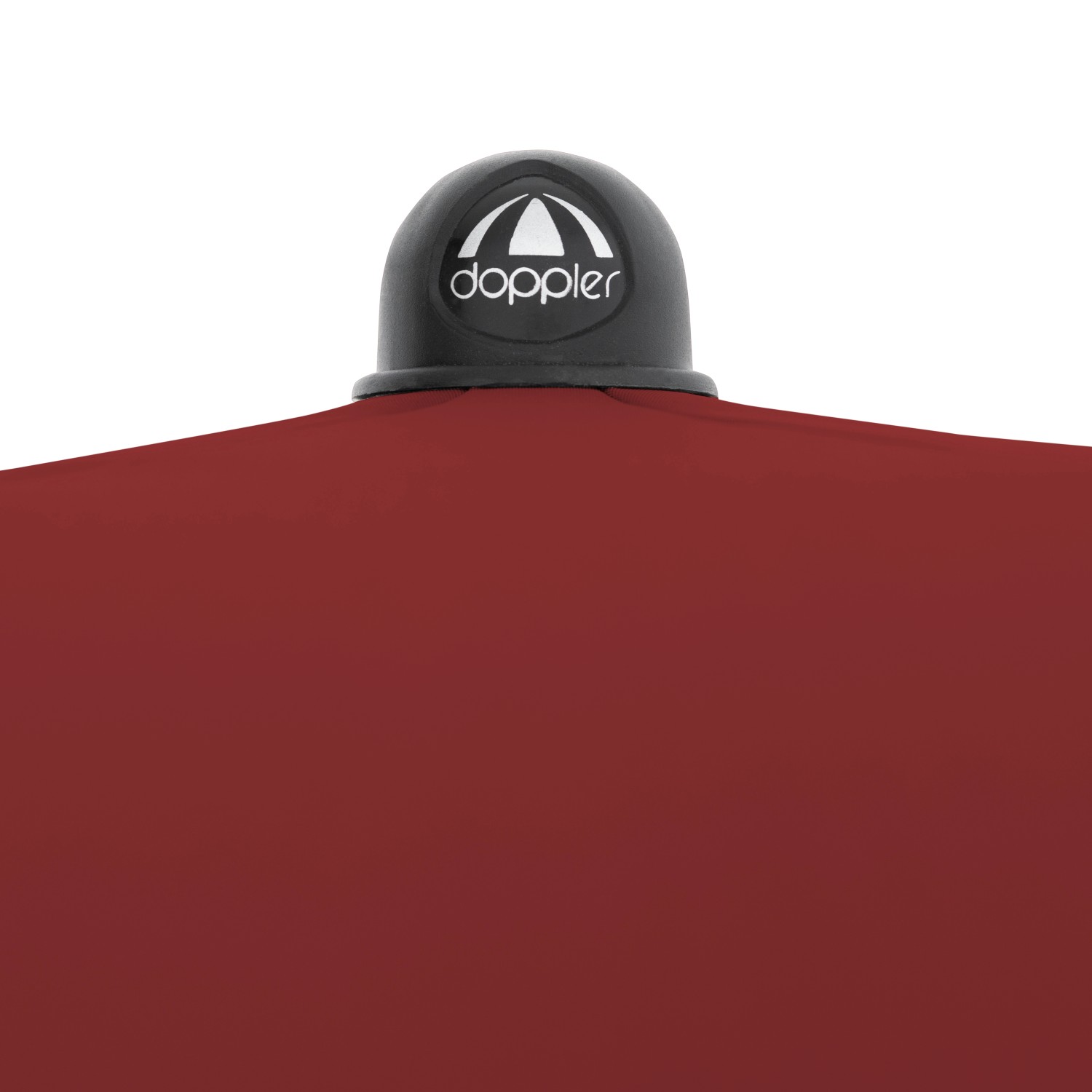 Detailaufnahme: Bordeauxfarbener Doppler Marktschirm Ø 208 cm mit Handöffner und Logo.