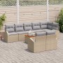 Beiges 9-teiliges Garten-Sofa-Set aus Rattan mit Kissen und Akazientisch für Terrasse und Garten.