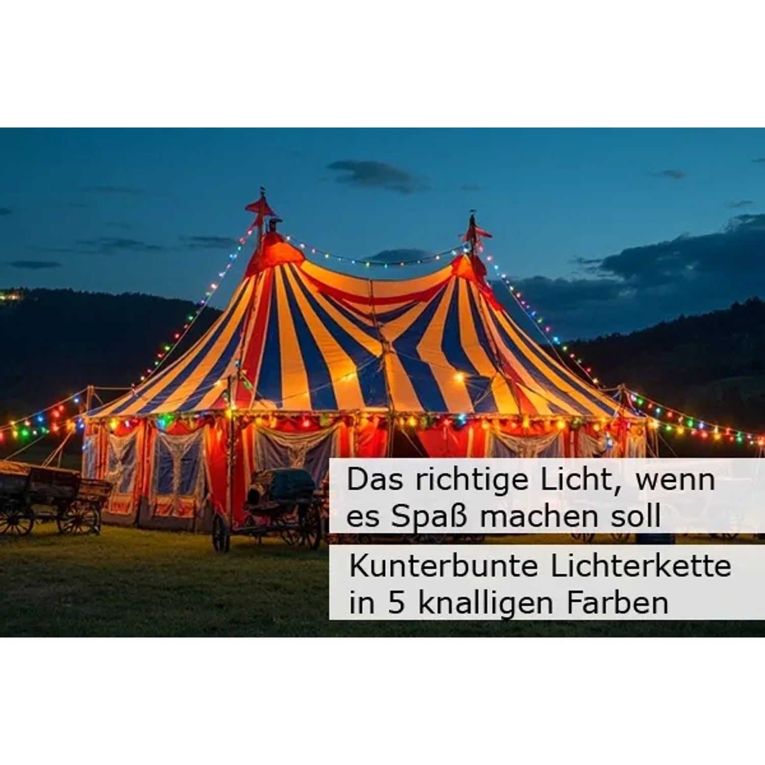 Bunte Partylichterkette mit 30 LED Kugellampen beleuchtet ein Zirkuszelt bei Nacht. Ideal für Außen, Biergarten, Party.