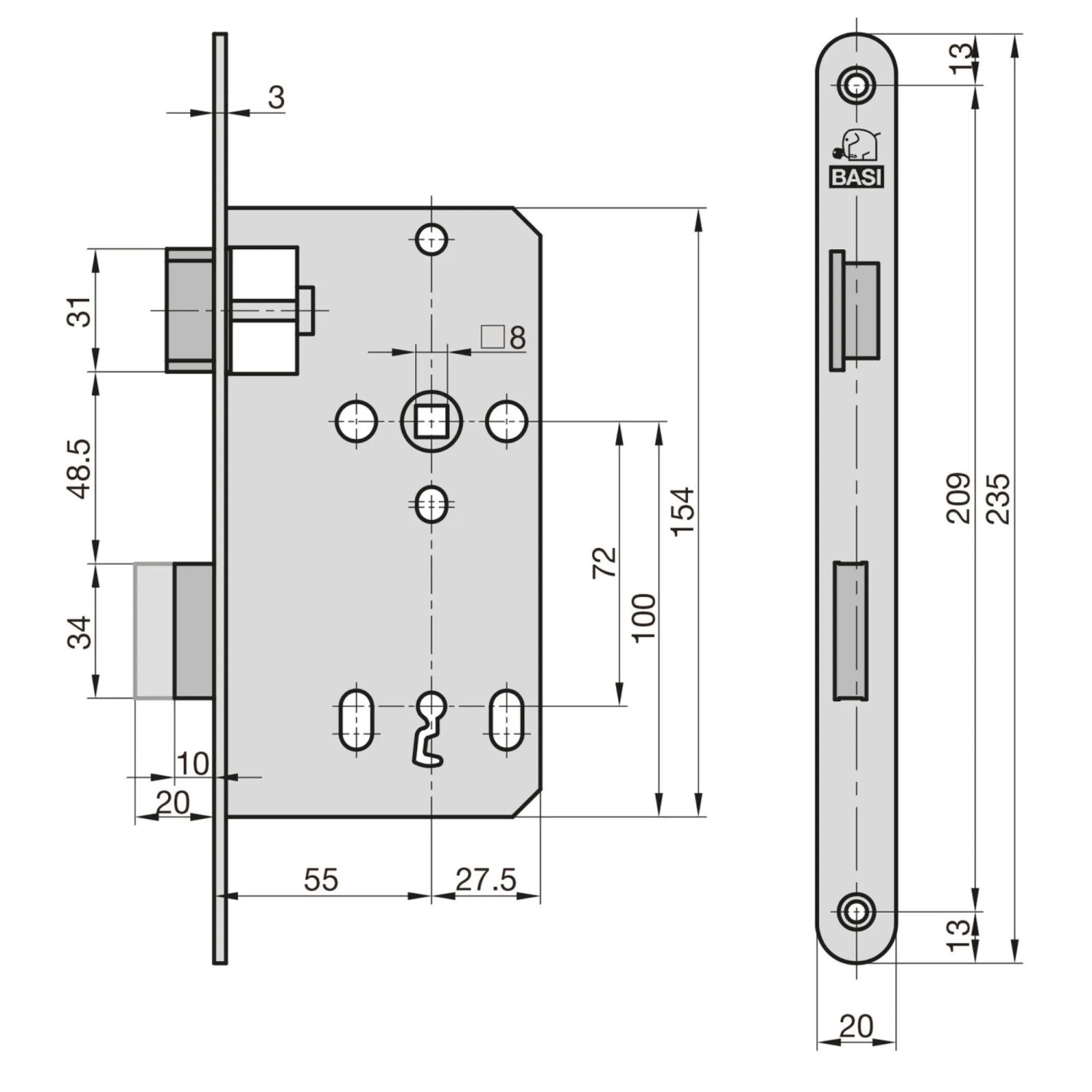 Technische Zeichnung: BASI Zimmertürschloss ES 927 BB DIN Links, Maße und Details für Montage.