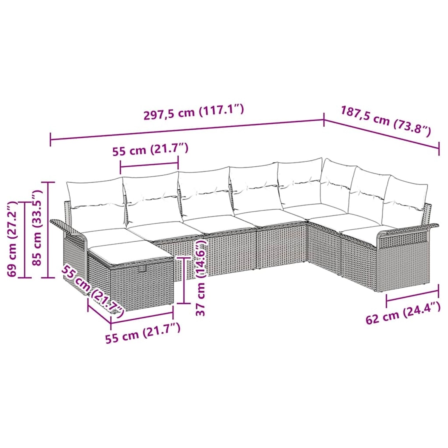 vidaXL Garten-Sofa-Set 8-tlg braun Poly Rattan mit Maßen und Kissen.