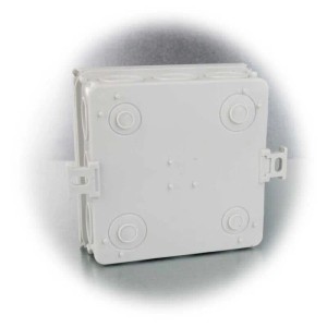 Grauer EGB Abzweigkasten IP55 aus Thermoplast, 100x100x42mm, mit seitlichen Einführungen und Montagelaschen.