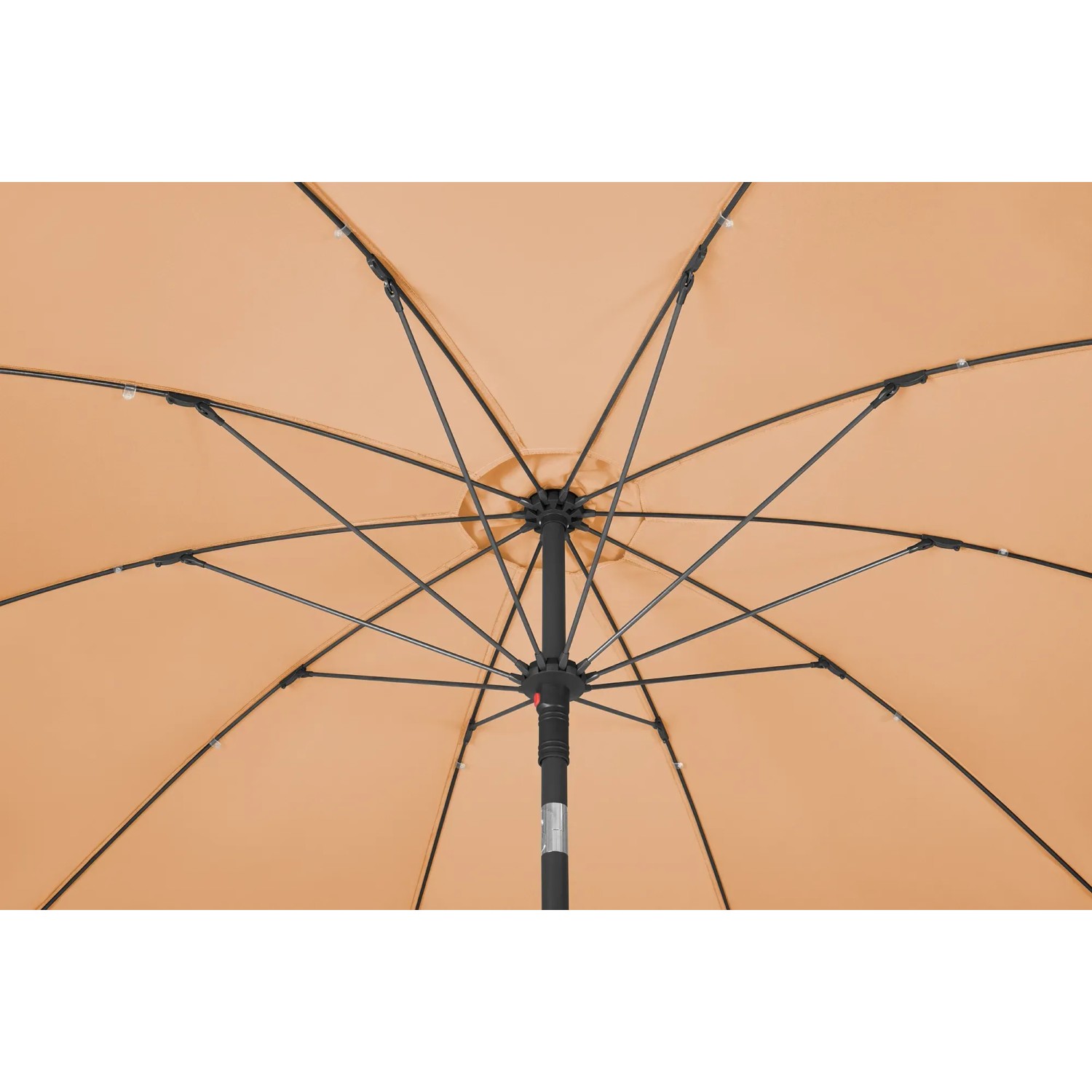 Ansicht von unten: Schneider Balkonschirm Ø 270 cm Apricot mit schwarzem Gestell.