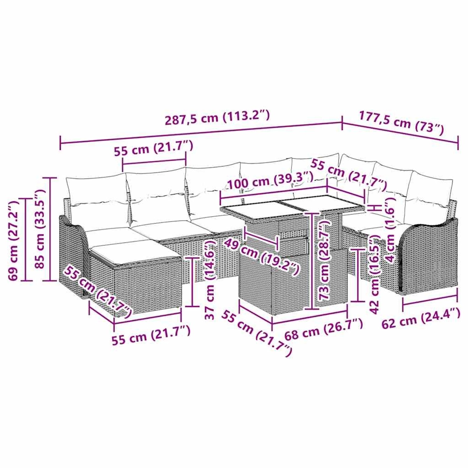 vidaXL Garten-Sofa-Set mit Kissen 9-Tlg Beige Poly Rattan 3348516 günstig online kaufen