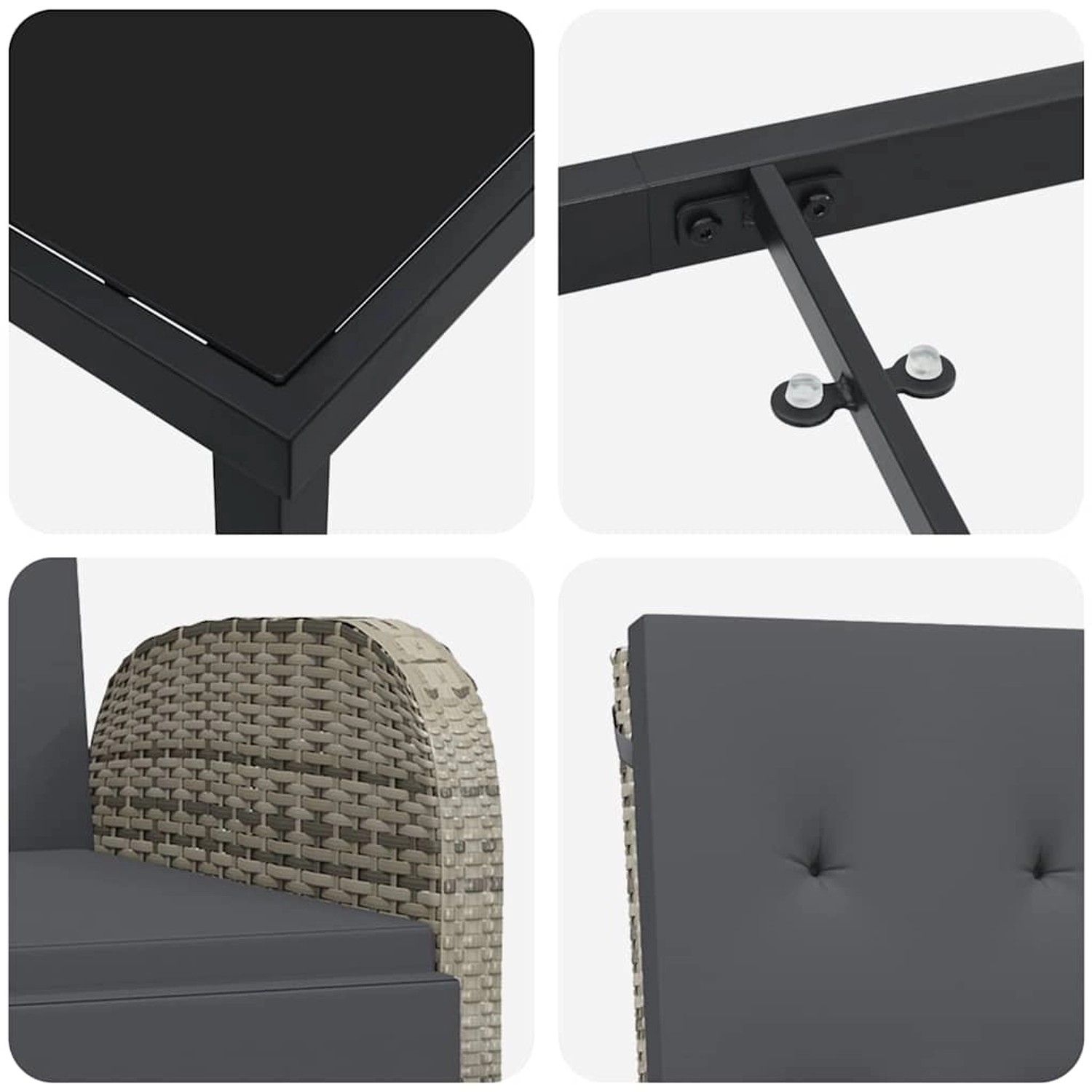 Detailansichten der grauen vidaXL Garten Essgruppe: Tischplatte, Rattandetails und Kissen.