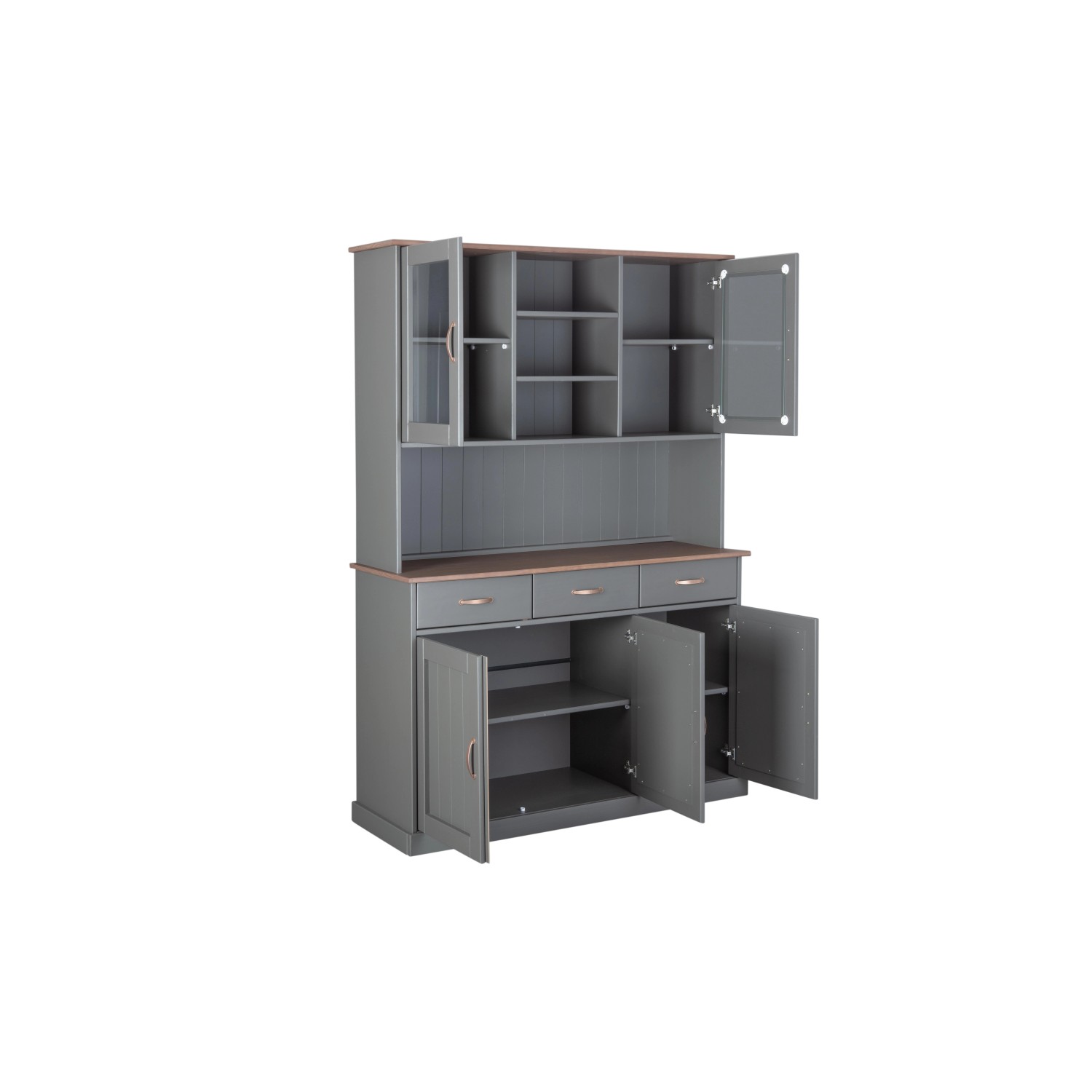 Grau-brauner Vitrinenschrank Luzerna mit offenen und geschlossenen Fächern und Schubladen.