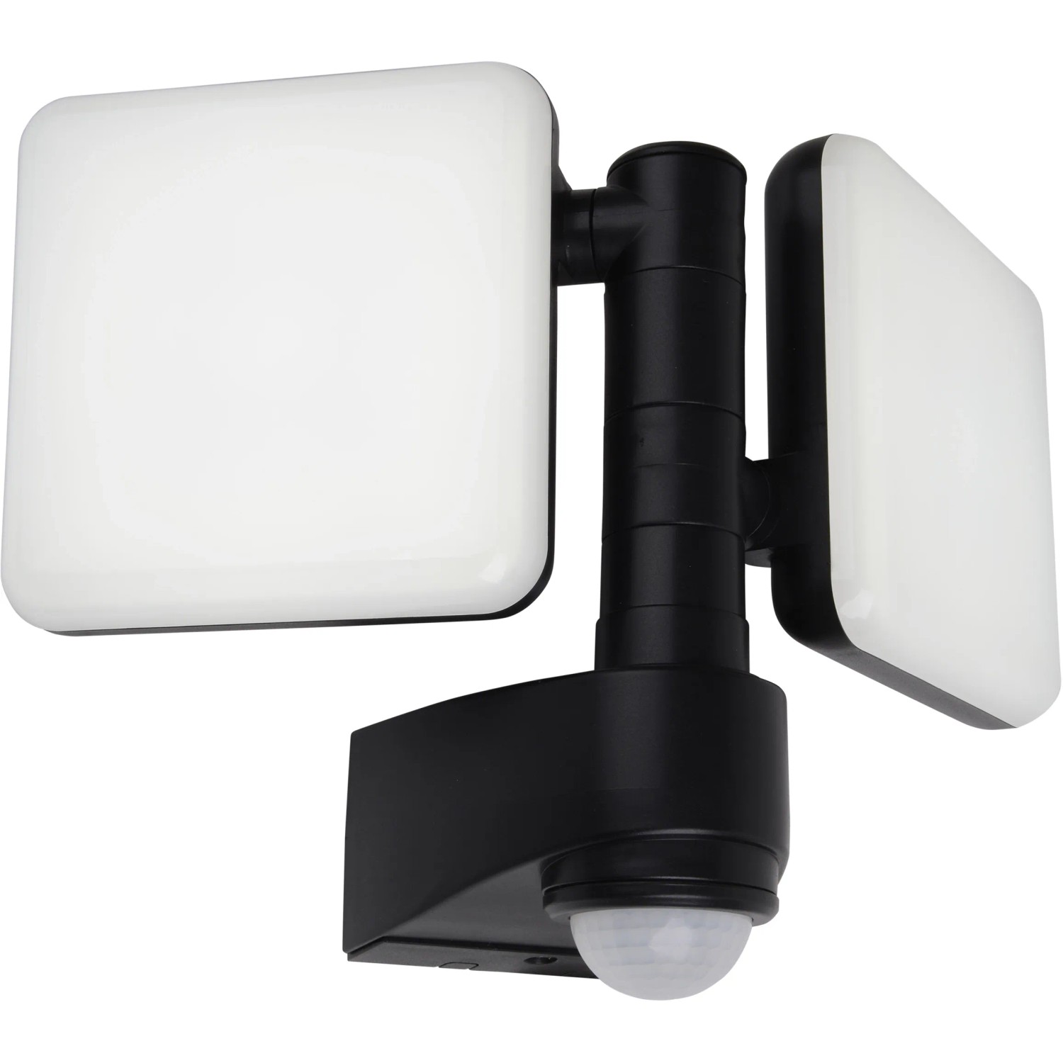 Schwarze LED-Wand-Außenleuchte Jaro II mit Bewegungsmelder und zwei quadratischen Leuchten.