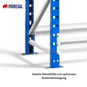 Detailaufnahme: PROREGAL Weitspannregal Maximus Pro, blaue Ständer mit Metallfüßen und optionaler Bodenbefestigung.