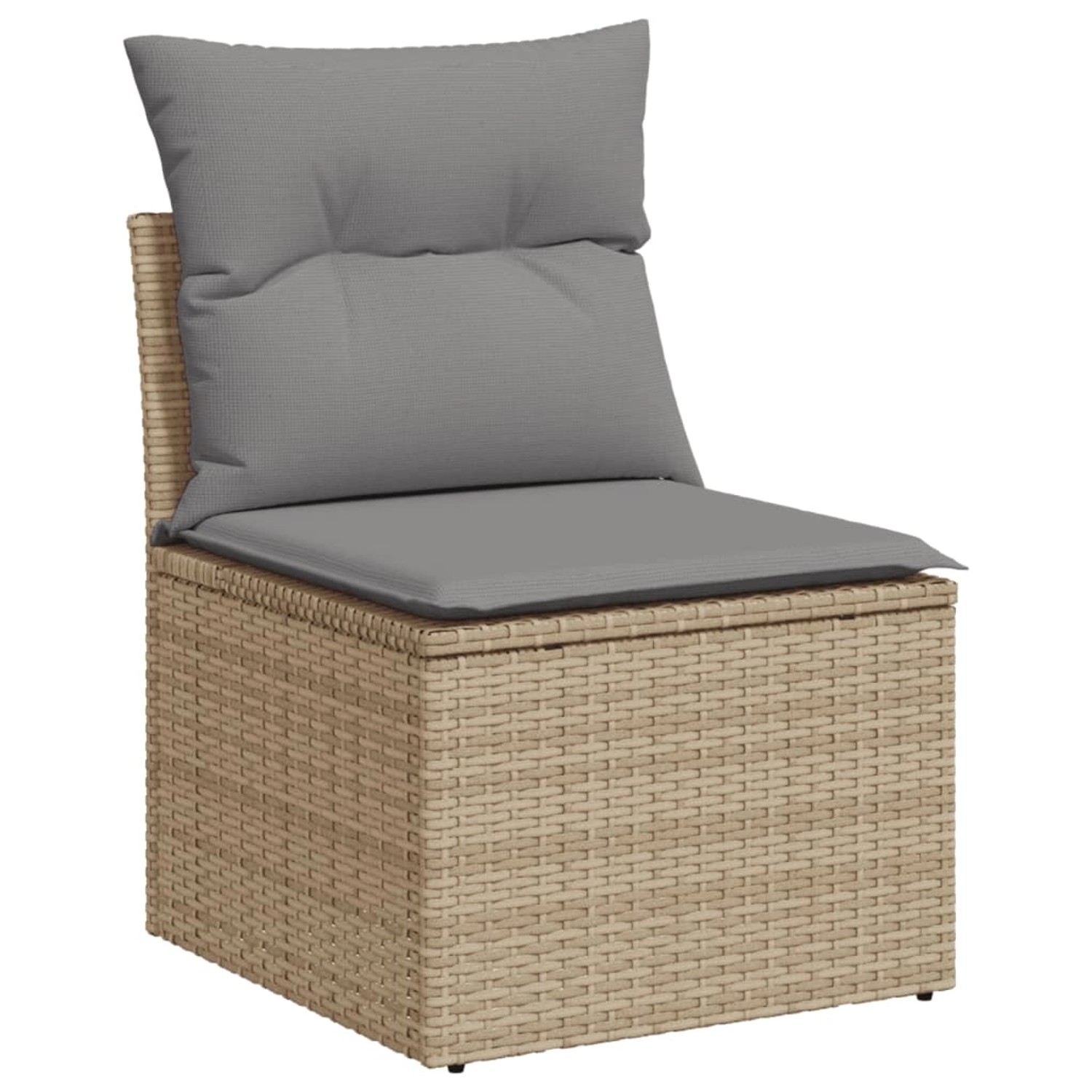 Beige Garten-Sofagarnitur aus Rattan mit grauen Kissen, Teil eines 10-teiligen Sets.