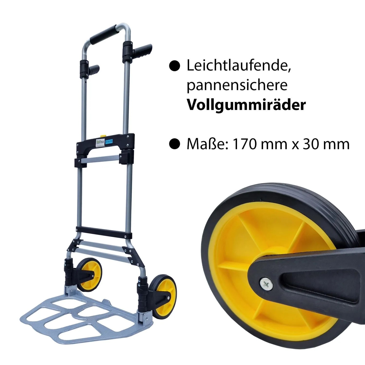 TRUTZHOLM Sackkarre XL, klappbar mit Teleskopgriff und gelben Rädern.