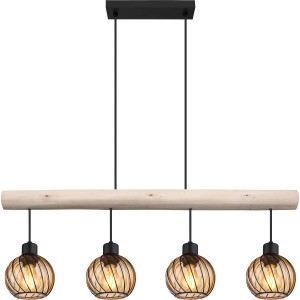 Schwarze Globo Pendelleuchte Paulo mit 4 amberfarbenen Glasschirmen und Holzbalken.