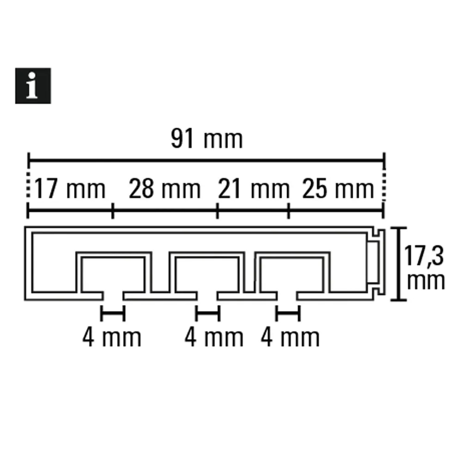 Technische Zeichnung Gardinia Vorhangschiene 3-läufig GE3 Weiß, Maße: 91x17,3 mm, Laufkanal 4 mm.
