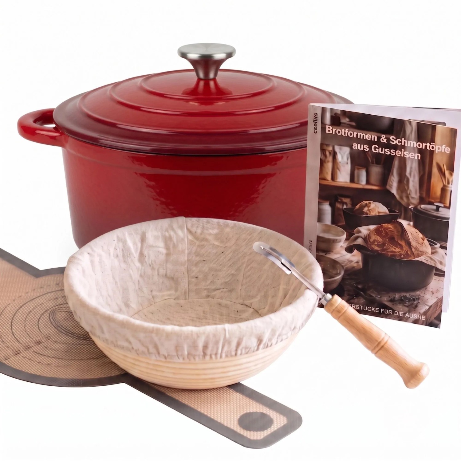 osoltus Brotback Schmortopf Set Gusseisen Topf 26cm 5,9 Liter Emaille Rot