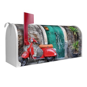 Weißer Banjado Briefkasten mit Motiv Italienischer Roller, US Mailbox Design.