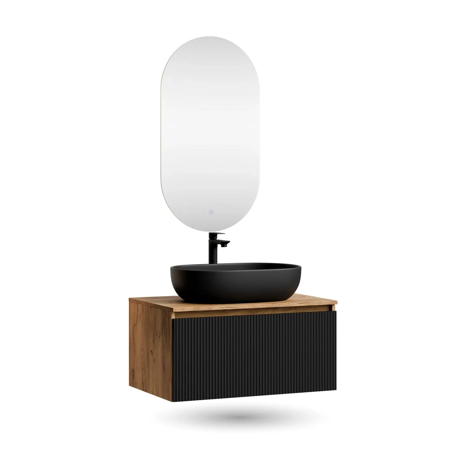 Planetmöbel ARISA Badmöbel Set 80 cm Schwarz Geriffelt mit Keramik Aufsatzwaschbecken 60 cm Schwarz und LED Spiegel Dimmbar Soft Close