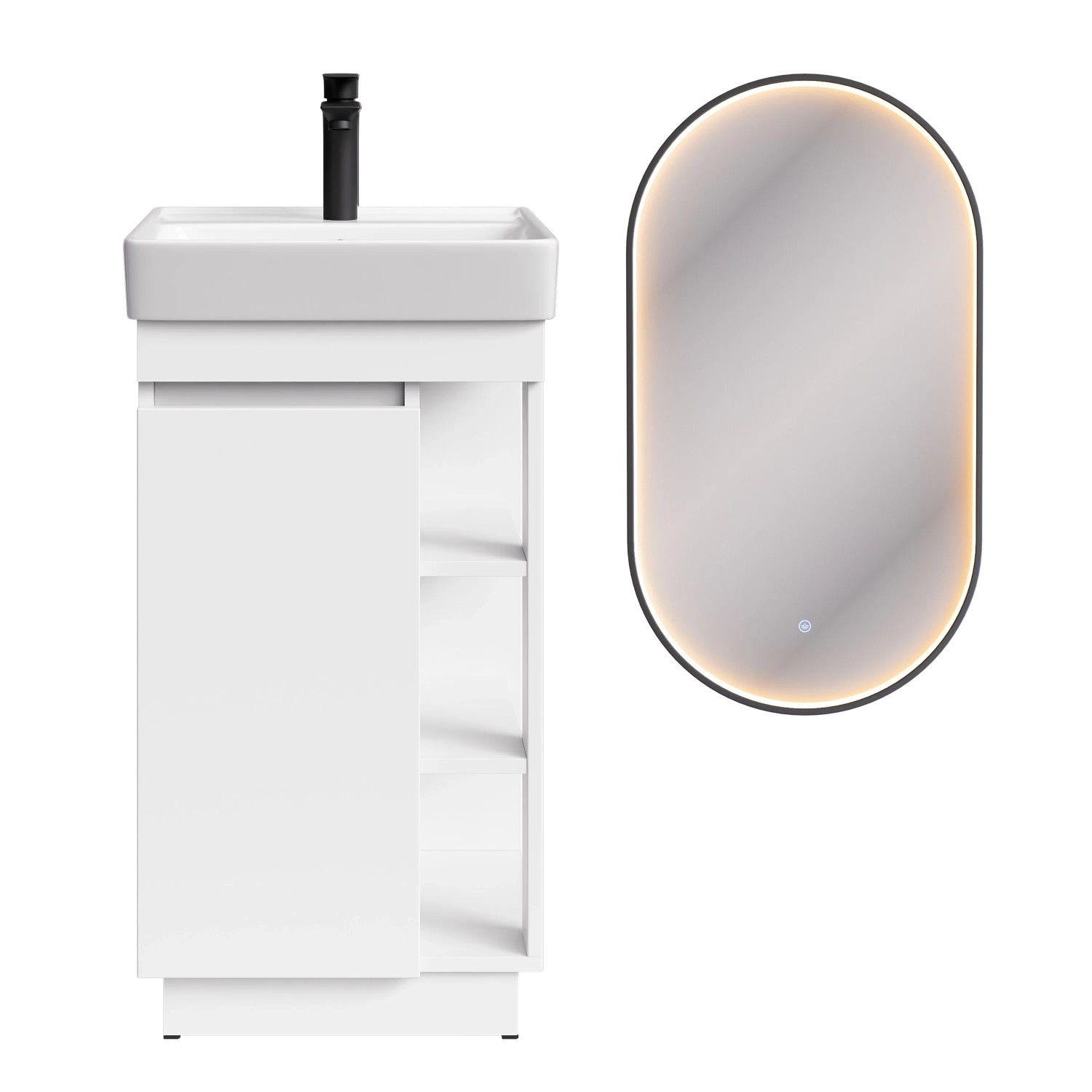 Planetmöbel Badmöbel Set NYX 45 cm Matt Weiß mit Waschbecken LED Spiegel GLORA Armatur Matt Schwarz