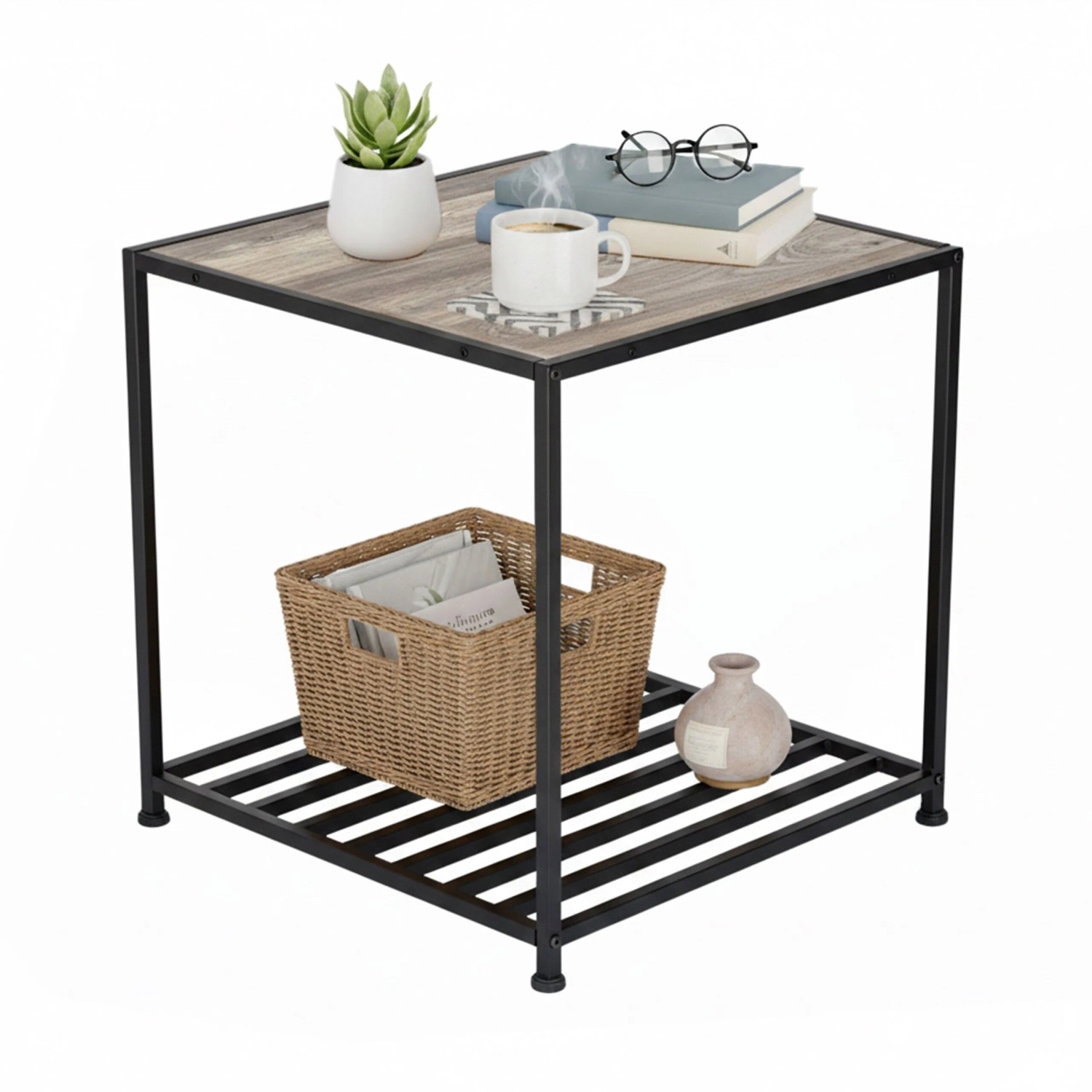 Relaxdays Beistelltisch Stahl Holzoptik Schwarz Mit Ablage 50 cm x 50,5 cm x 50,5 cm 4,5 kg
