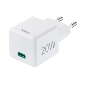 Weißes Hama Mini-Ladegerät USB-C PD 20W für Hausautomation, Nahansicht.
