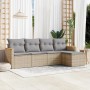 Beige 5-tlg. Garten-Sofagarnitur aus Rattan mit hellgrauen Kissen.